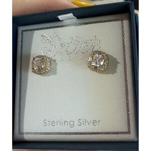 Simply Silver Sterling Silver Gold Tone CZ Halo Stud Earrings Cushion Cut New
